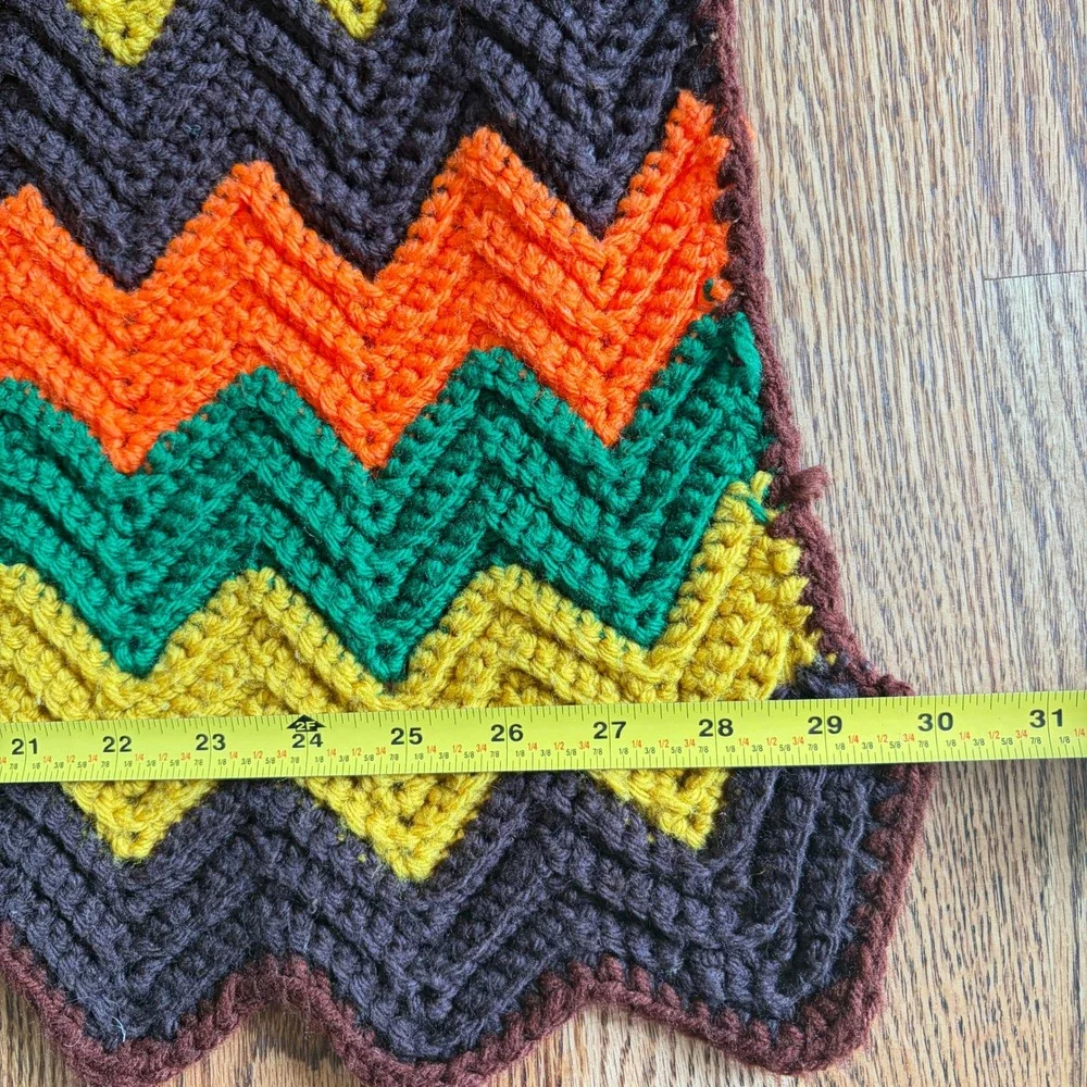 Vintage Handmade Crochet Chevron Ripple Afghan Blanket Orange Yellow Green Brown